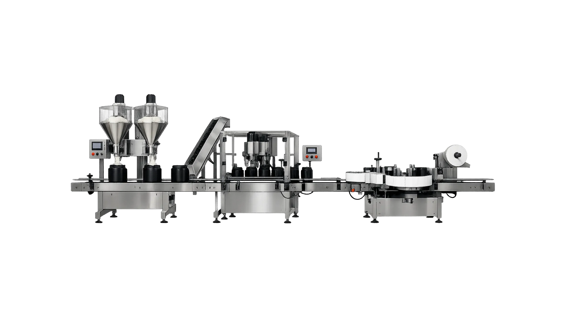 Illustrative render of the automated Whenuapai tub-filling line — twin-head auger filler, screw capper with elevator, and round-bottle labeler for retail powder tubs