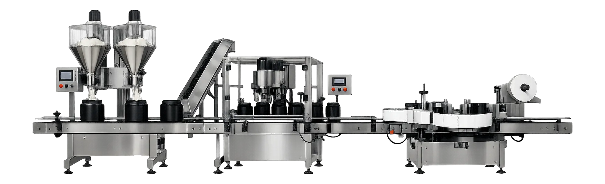 Illustrative render of the automated Whenuapai tub-filling line — twin-head auger filler, screw capper with elevator, and round-bottle labeler for retail powder tubs